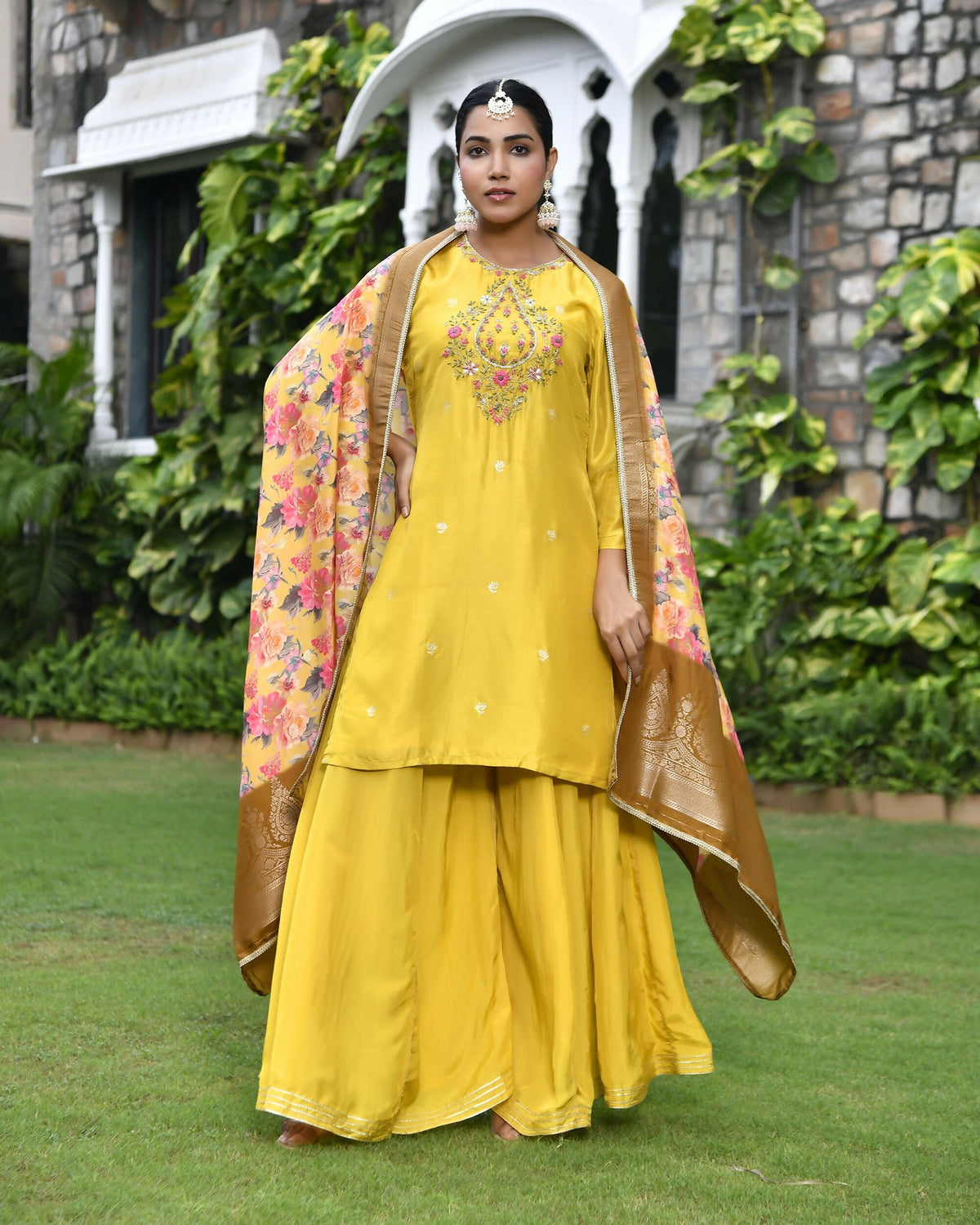 Vaasva Women's Silk Mustard Emboidered Solid Kurta, Sharara & Dupatta Set | Grocsy
