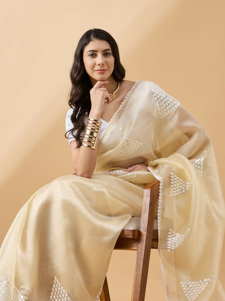 Yellow Tissue Slub Embroidered Saree with Unstitched Blouse - Vairagi | Grocsy