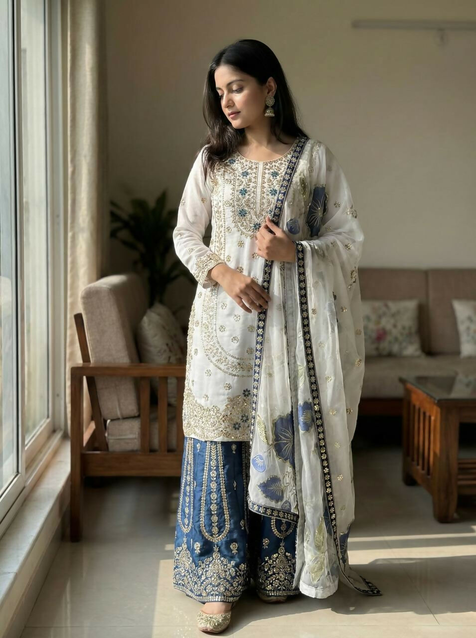 Teeya Creation Blue Gimmy Silk Designer Embroidery Work Wedding Wear Palazzo Pair | Grocsy