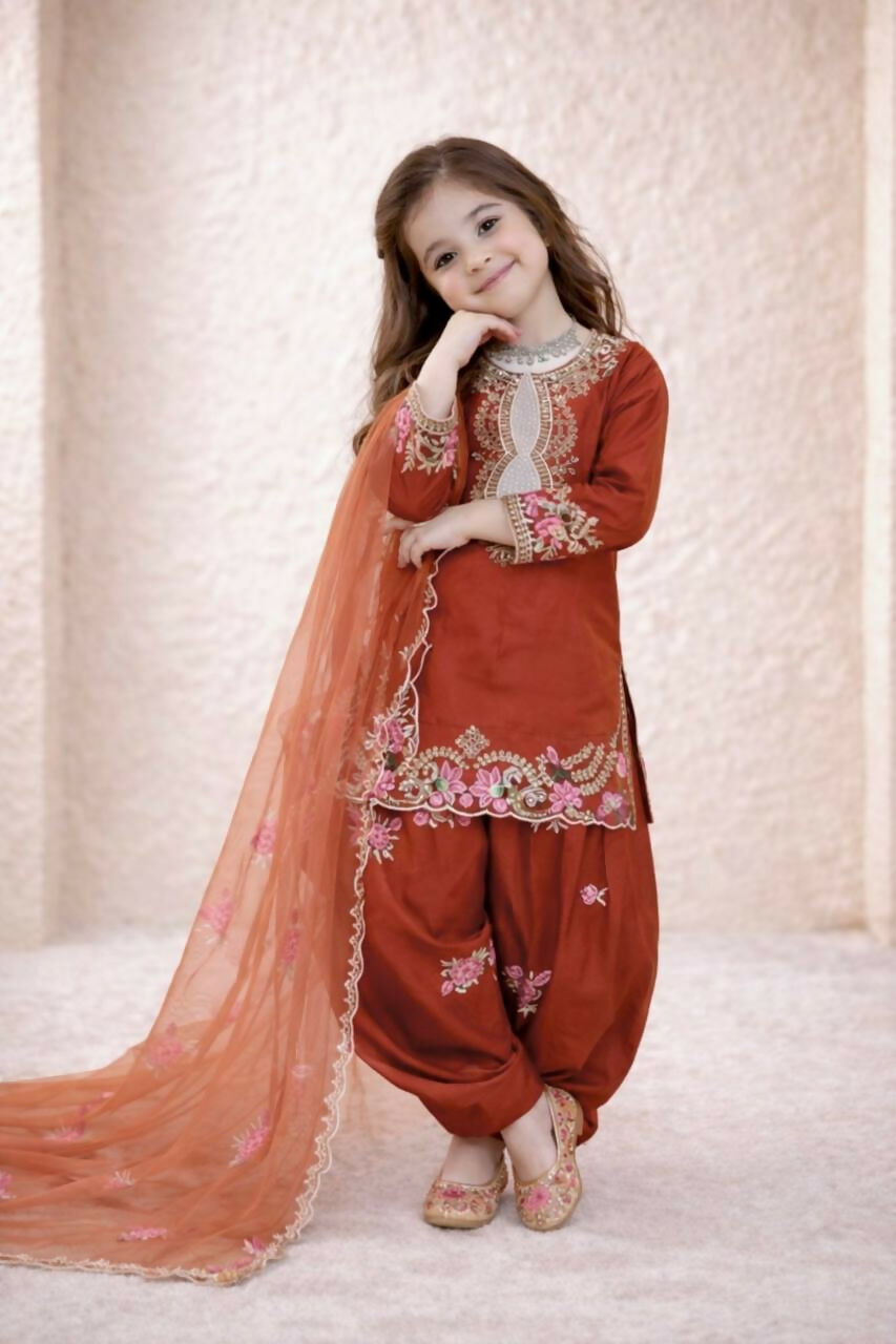 Teeya Creation New Kids Trendy Wedding Wear Traditional Kurta Salwar Set-Orange | Grocsy