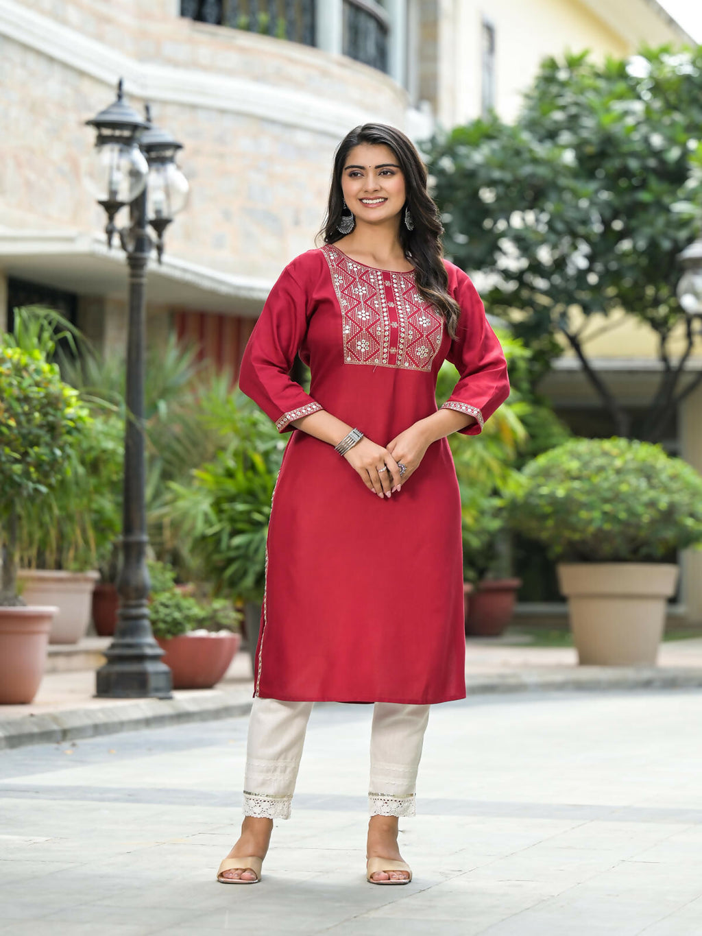 Juniper Women's Maroon Solid Rayon Kurti With Mirror Work & Sequins | Grocsy