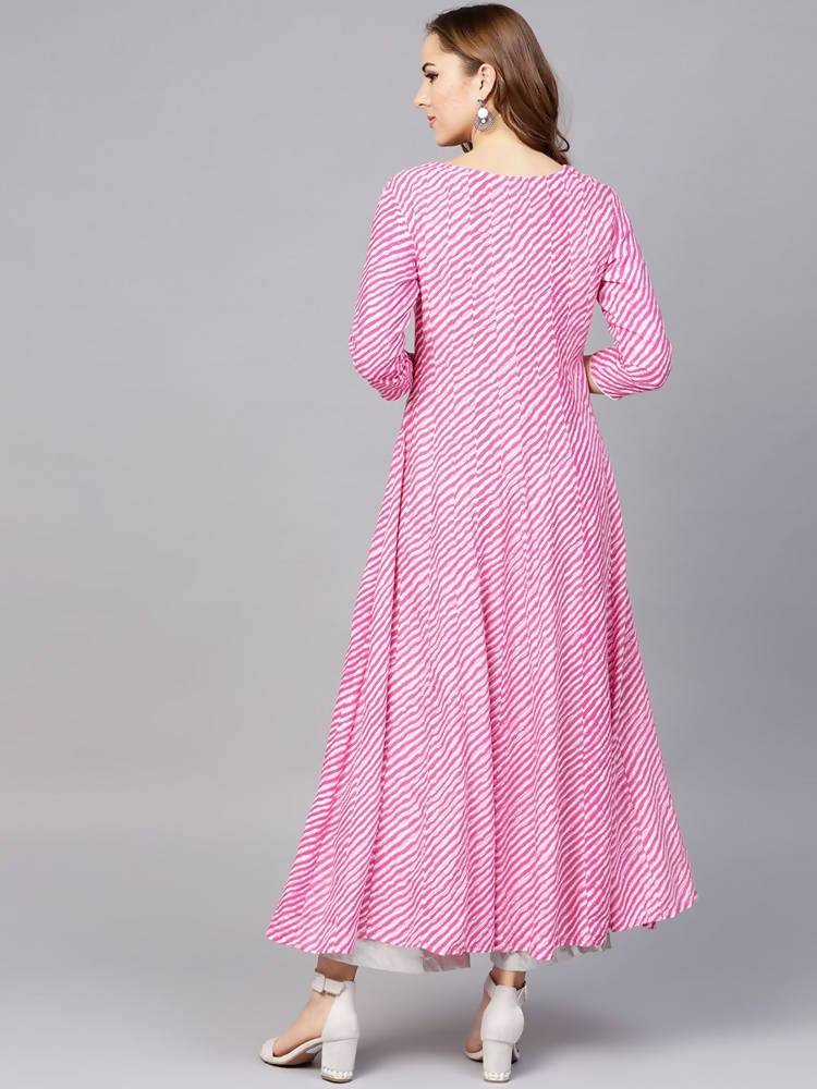 Yufta Women Pink & White Lehariya Print Anarkali Kurta | Grocsy