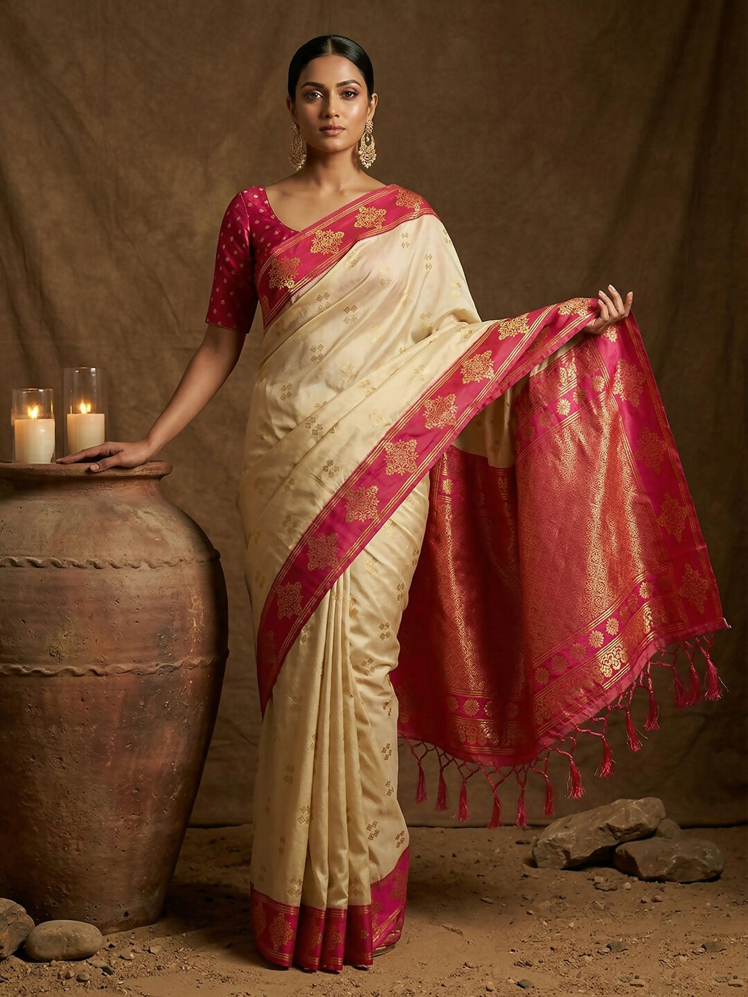 Shree Shyam Fashion Cream Soft Silk Saree | Grocsy