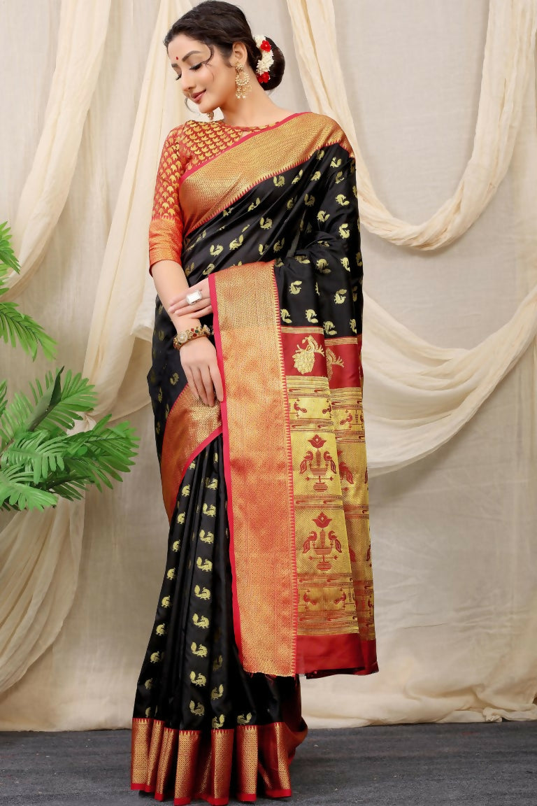 Jyoti Fashion Women's Black Banarasi Silk Zari Woven Saree with Blouse | Grocsy