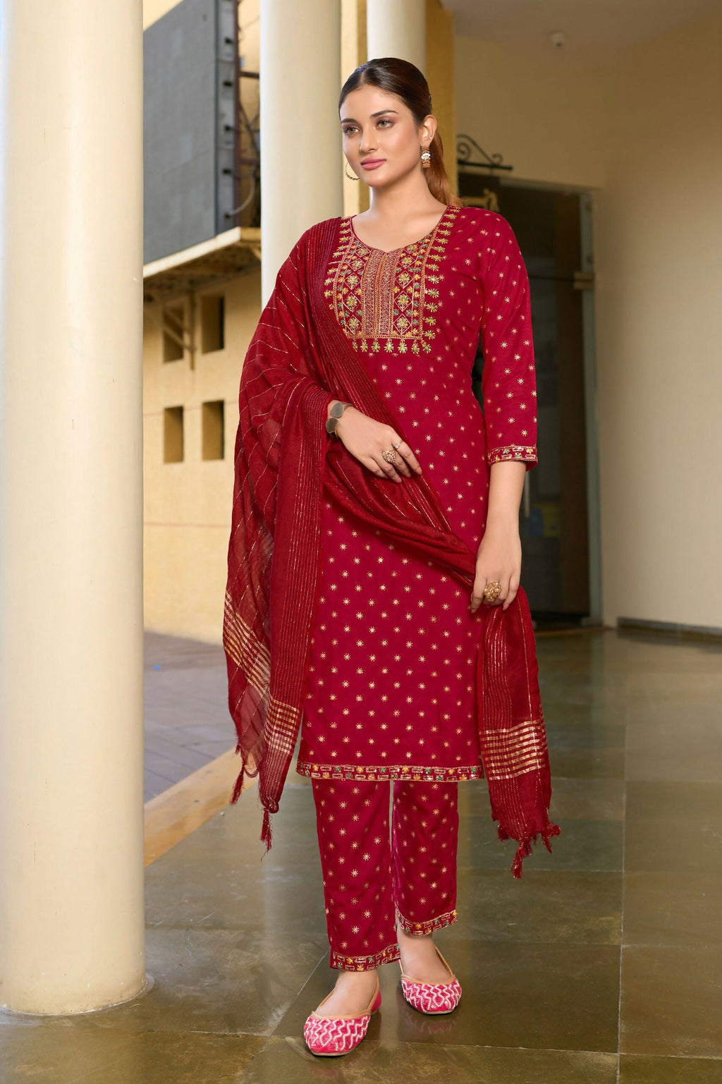 Jyoti Fashion Women's Maroon 14KG Rayon Foil Print with Embroidery Kurta Set | Grocsy