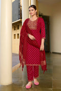 Jyoti Fashion Women's Maroon 14KG Rayon Foil Print with Embroidery Kurta Set | Grocsy