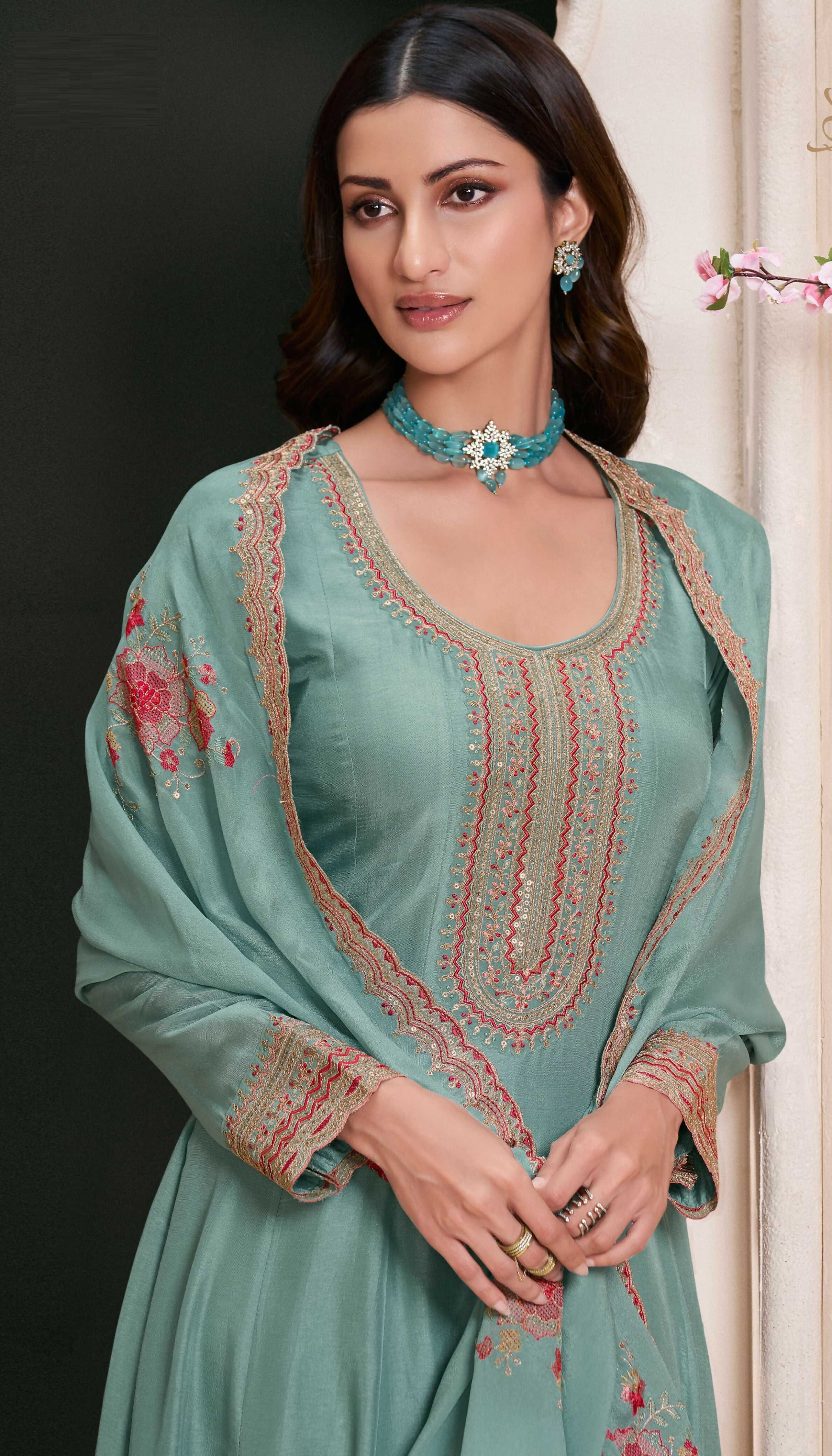 Anaita Teal Embroidered Work Silk Stitched Anarkali Suit | Grocsy