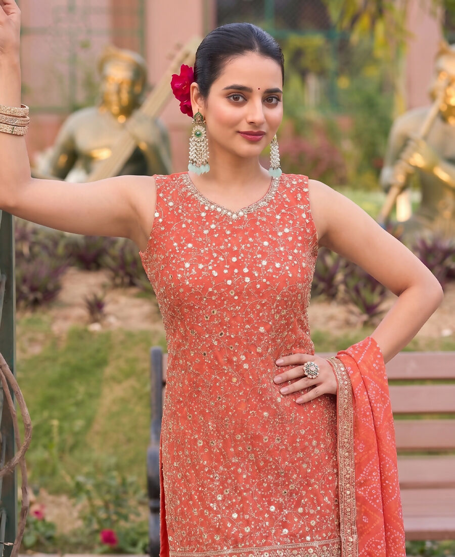 KC Orange Bandhani Printed Heavy Emrboidery Worked Sharara Suit Ethnic Wear | Grocsy