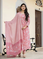 Kaajh Women's Pink Floral Print Cotton Kurta Pant With Dupatta Set | Grocsy