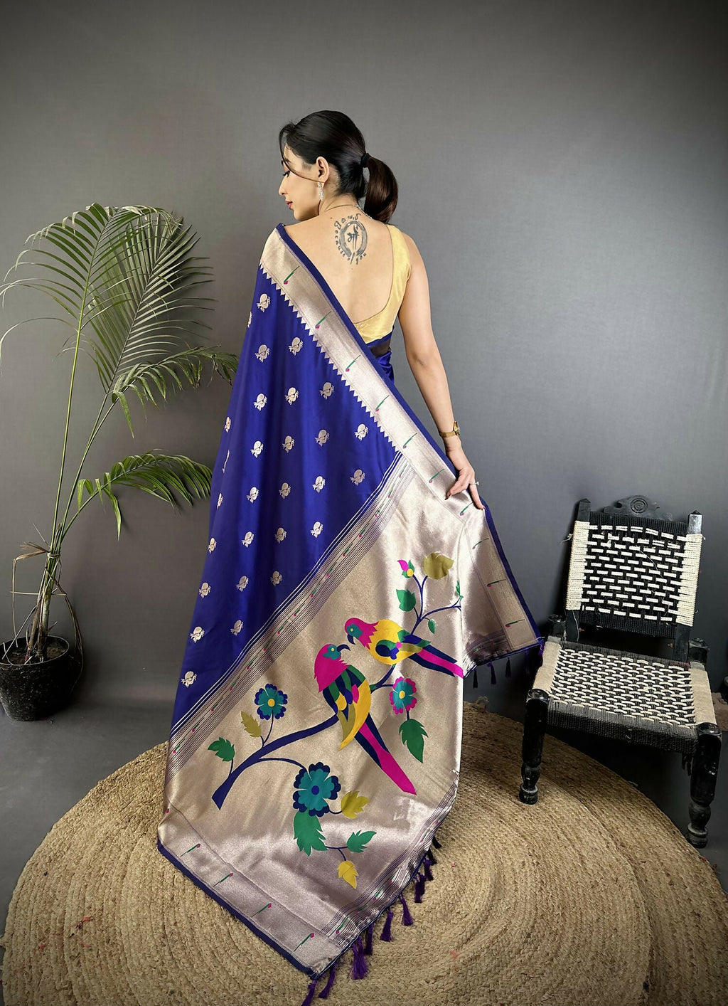 Joban Fashion Royal Blue Peacock & Floral Motifs Soft Silk Kanchipuram Saree | Grocsy