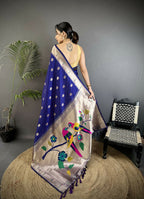 Joban Fashion Royal Blue Peacock & Floral Motifs Soft Silk Kanchipuram Saree | Grocsy