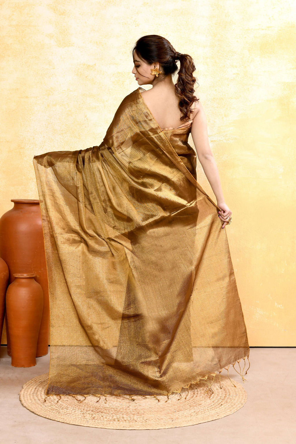 Piyari Fashion Women's Gold Dual Tone Organic Tissue Saree With Blouse Piece | Grocsy