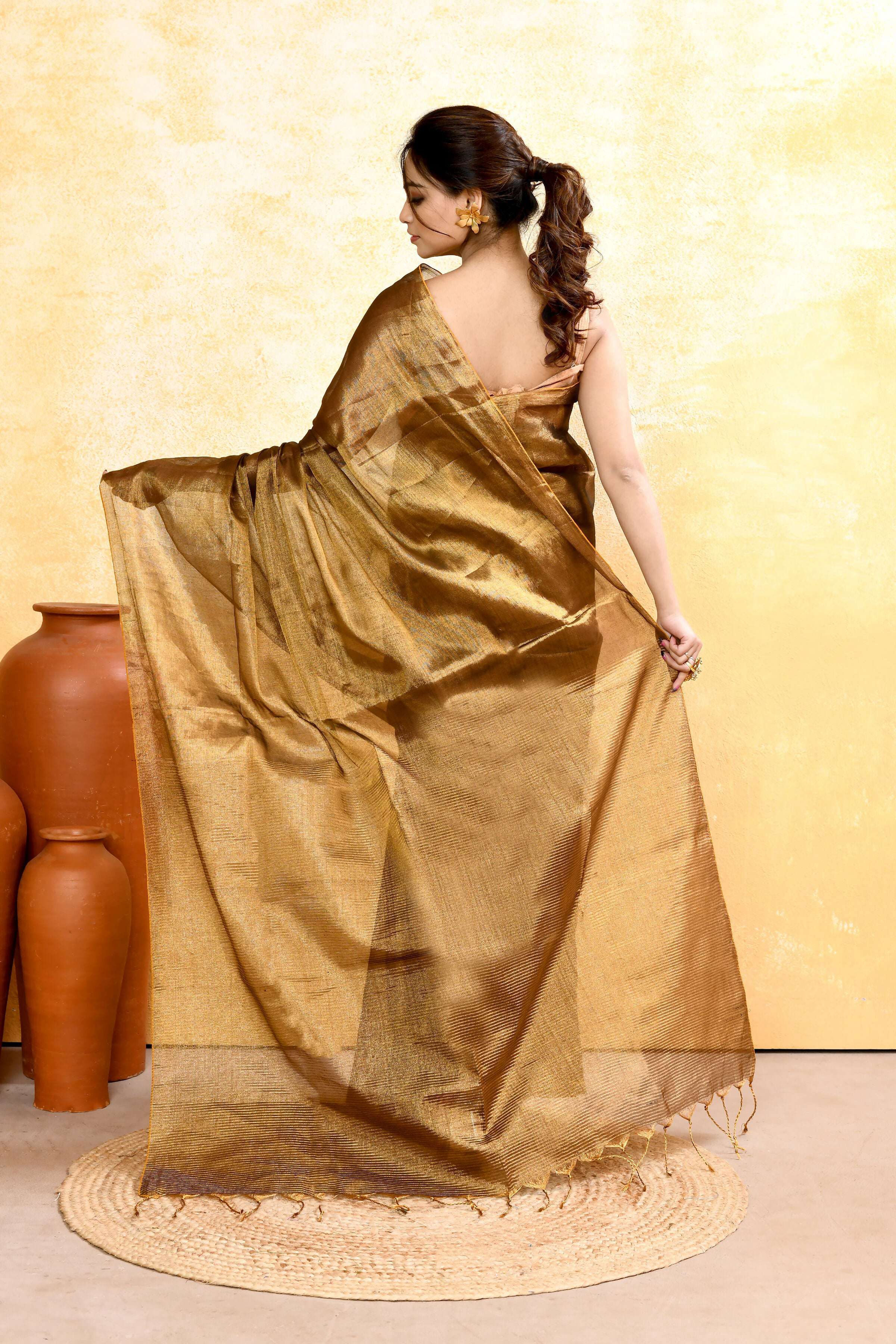 Piyari Fashion Women's Gold Dual Tone Organic Tissue Saree With Blouse Piece | Grocsy