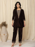Yufta Coffee Brown Velvet Embroidered Co-Ord Set | Grocsy