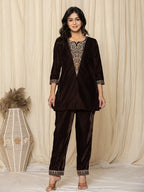 Yufta Coffee Brown Velvet Embroidered Co-Ord Set | Grocsy