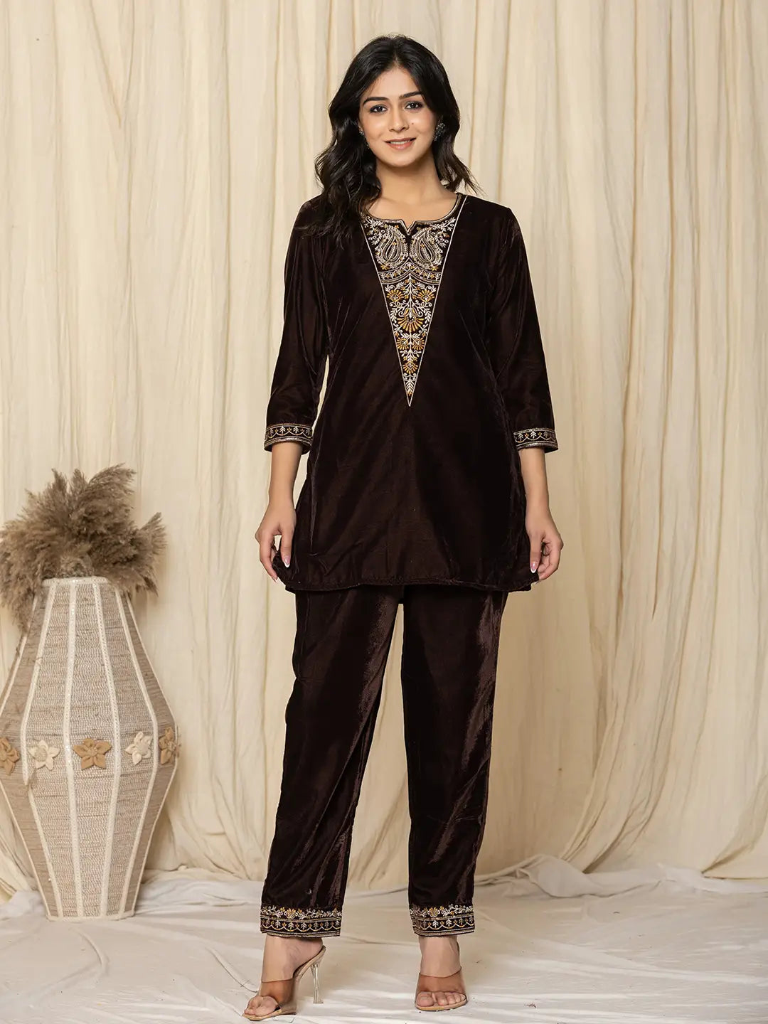 Yufta Coffee Brown Velvet Embroidered Co-Ord Set | Grocsy