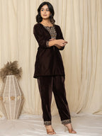 Yufta Coffee Brown Velvet Embroidered Co-Ord Set | Grocsy