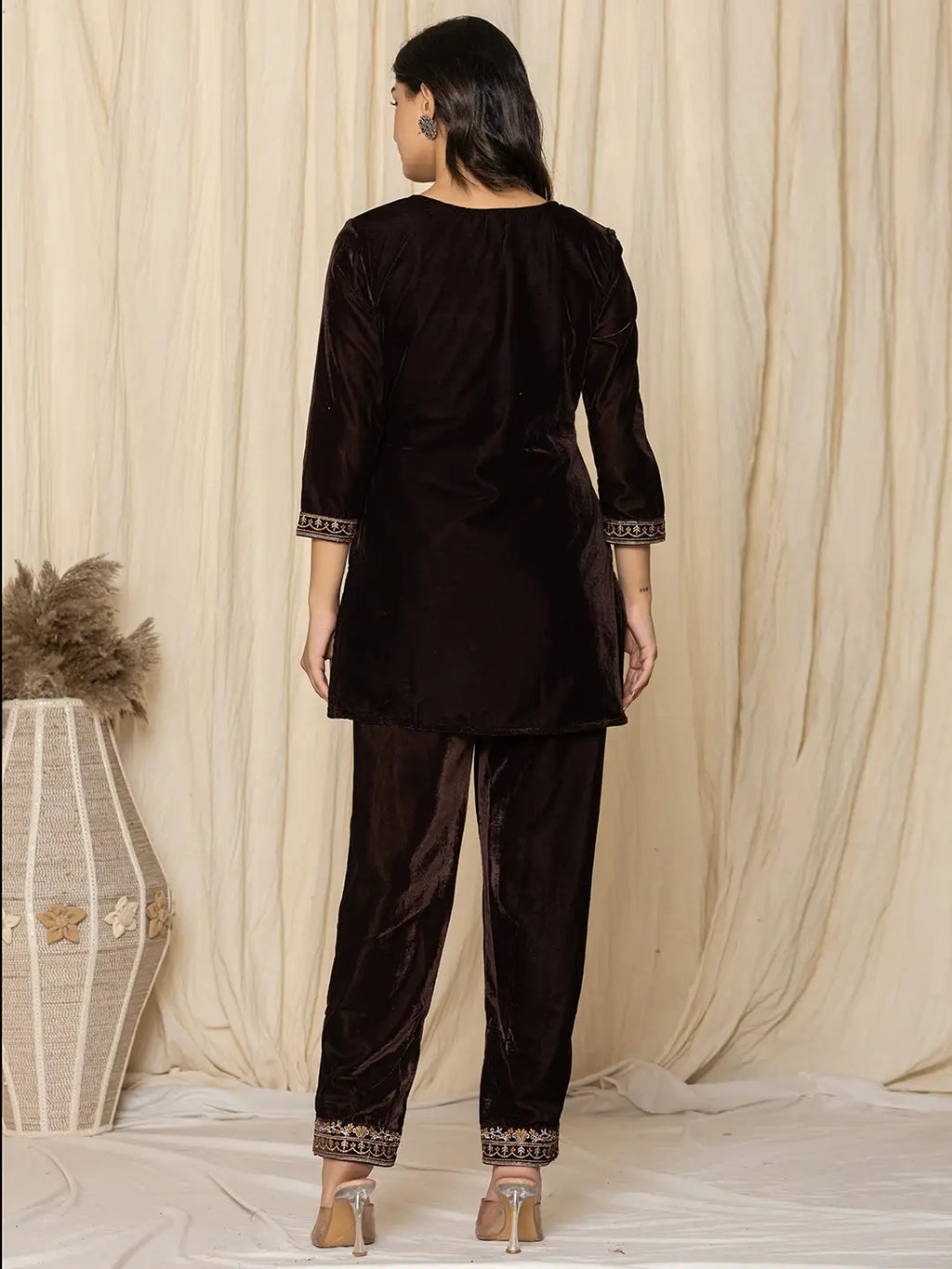 Yufta Coffee Brown Velvet Embroidered Co-Ord Set | Grocsy