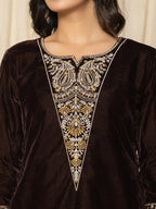 Yufta Coffee Brown Velvet Embroidered Co-Ord Set | Grocsy