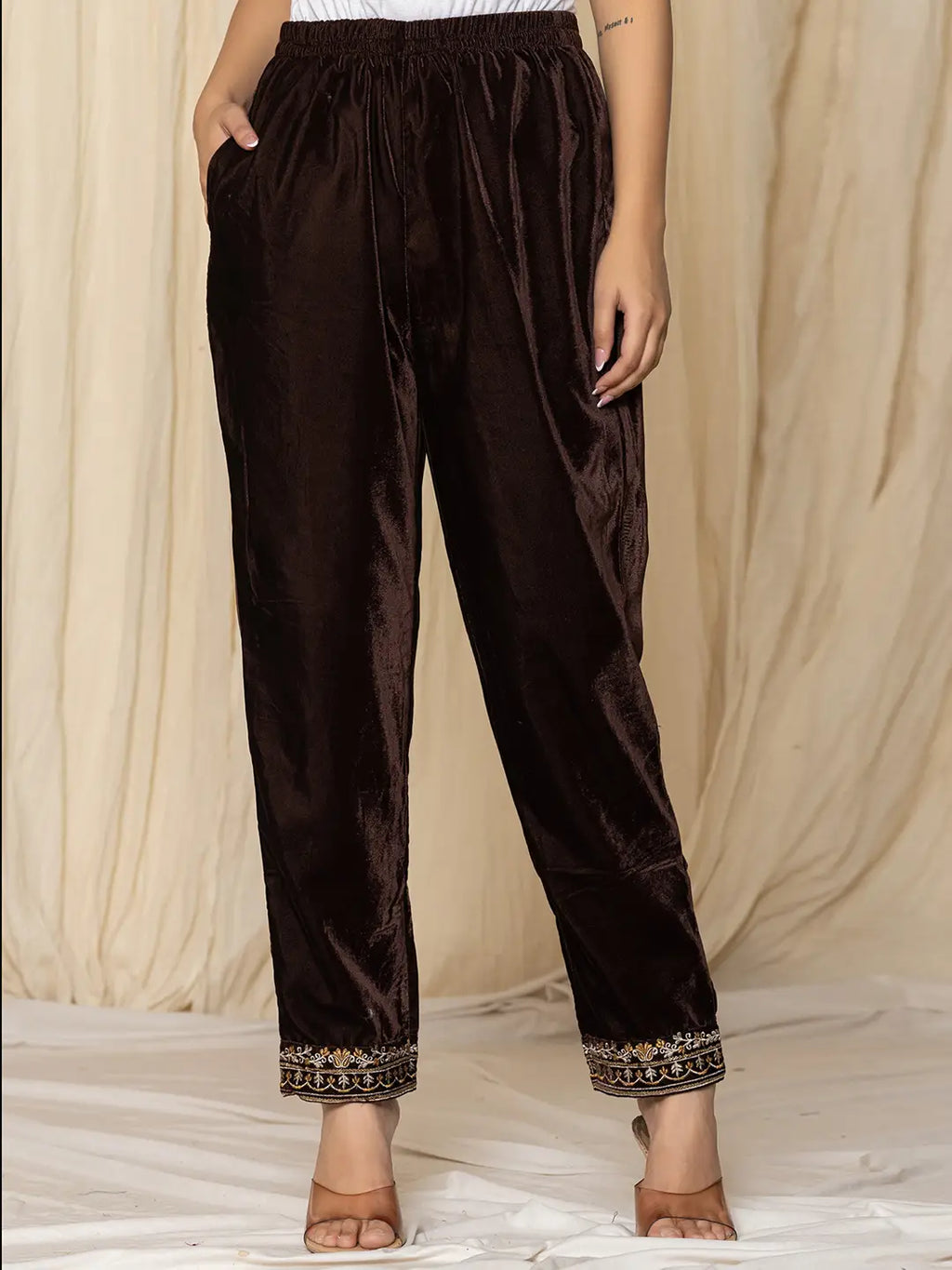 Yufta Coffee Brown Velvet Embroidered Co-Ord Set | Grocsy