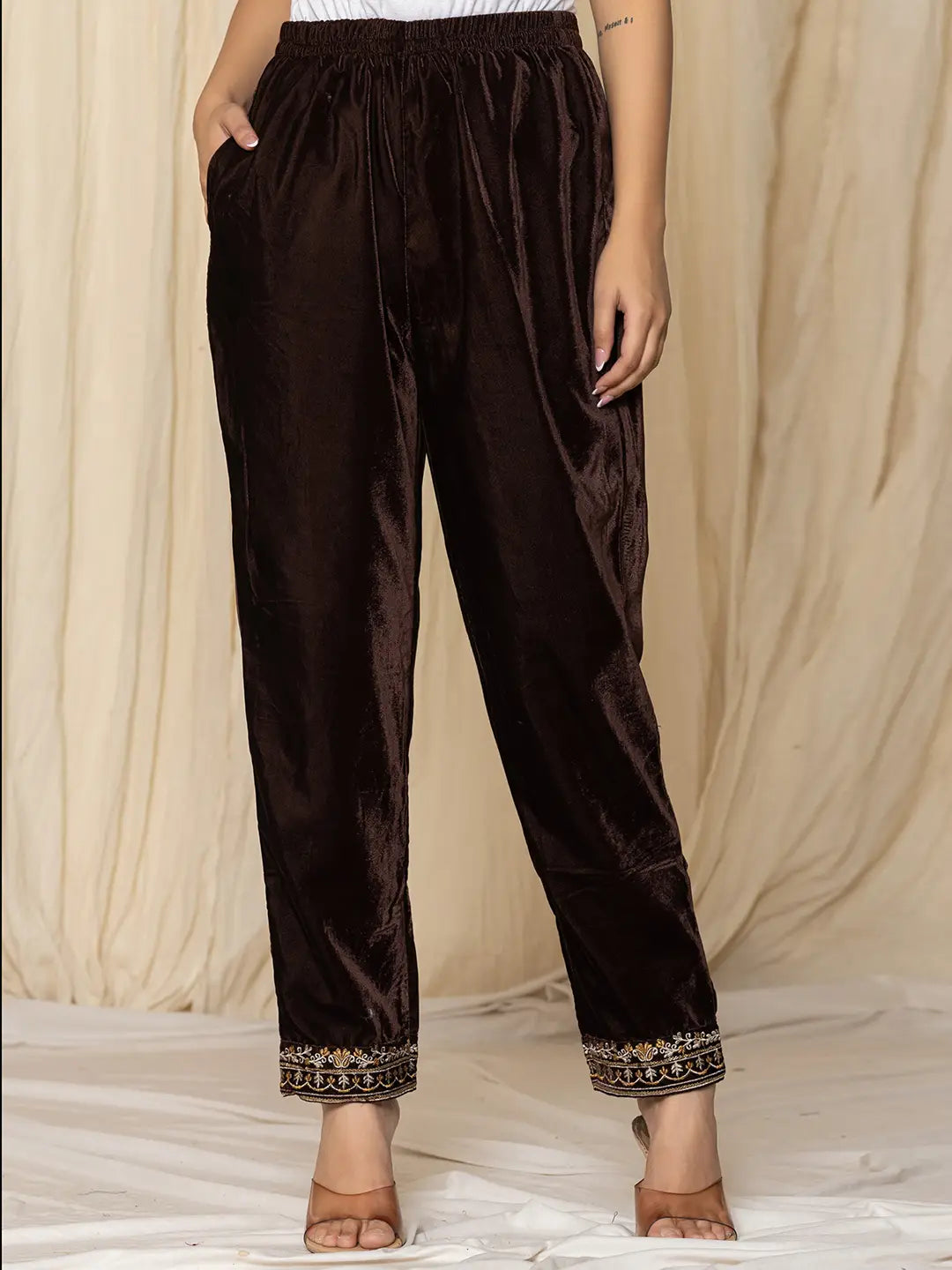 Yufta Coffee Brown Velvet Embroidered Co-Ord Set | Grocsy