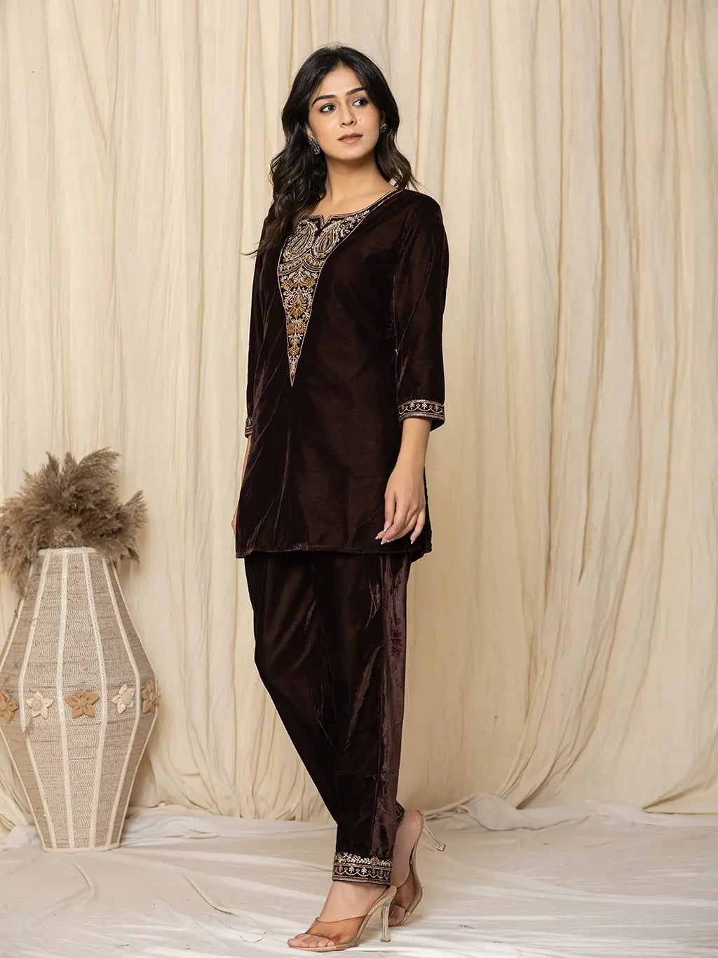 Yufta Coffee Brown Velvet Embroidered Co-Ord Set | Grocsy