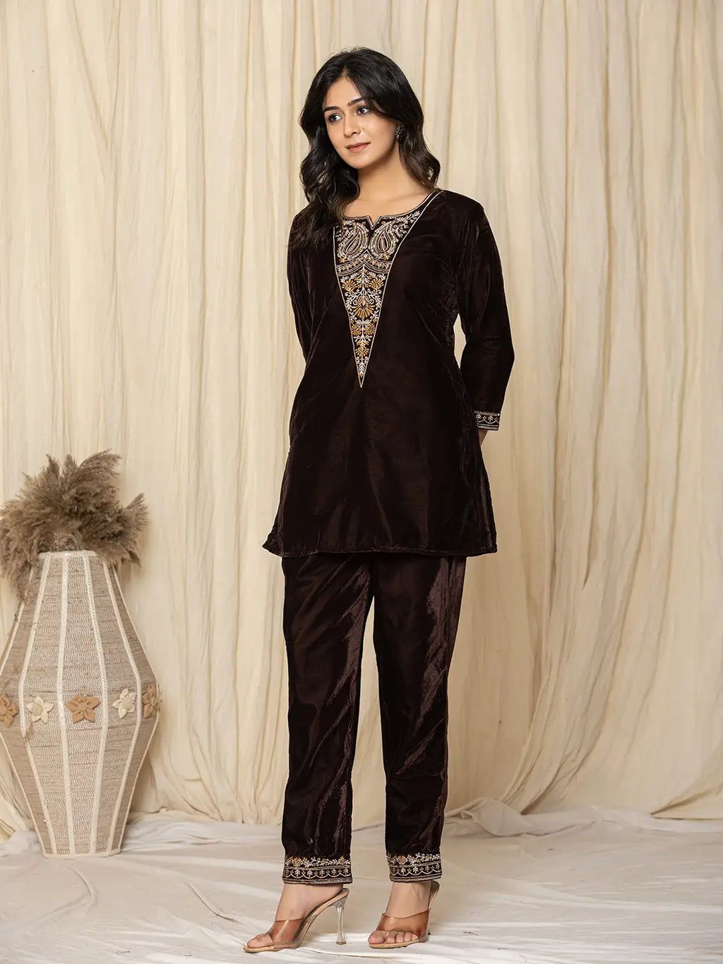 Yufta Coffee Brown Velvet Embroidered Co-Ord Set | Grocsy
