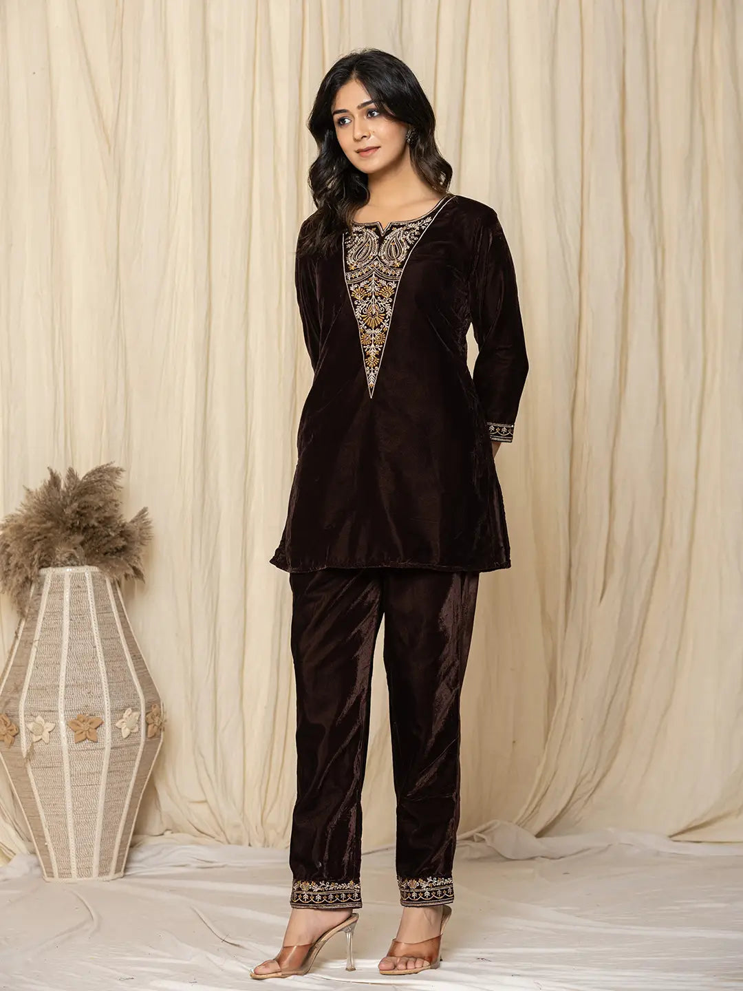 Yufta Coffee Brown Velvet Embroidered Co-Ord Set | Grocsy
