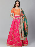 Tulsi Art Pink Embroidered Mulberry Bridal Lehenga Choli With Printed Green Dupatta | Grocsy