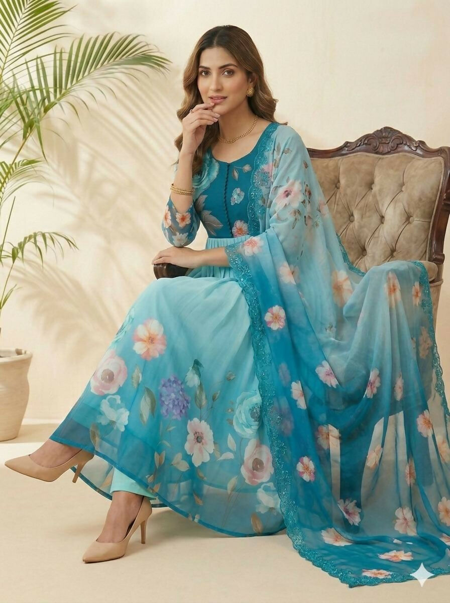 Teeya Creation Womens New Fancy Silk Heavy Quality Fabric With Handwork Sky-Blue Gown Set | Grocsy