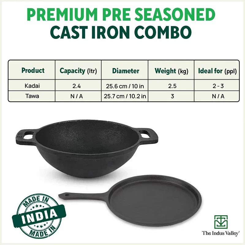 The Indus Valley CASTrong Cast Iron Cookware Set: Tawa+ Kadai (Wok model), Kitchen Set for Home, Pre-seasoned, 100% Pure, Toxin-free, Tadka Pan | Grocsy