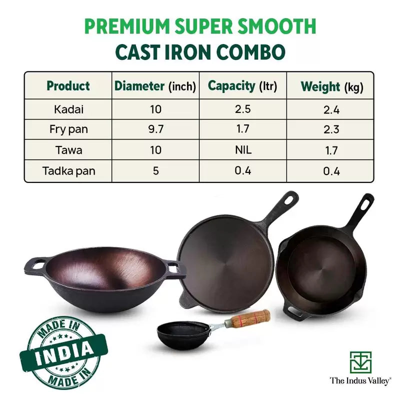 The Indus Valley Super Smooth Cast Iron Set: Kadai+ Tawa+ Frypan, Kitchen set for Home, Nonstick, 100% Pure, Toxin-free, Tadka Pan | Grocsy