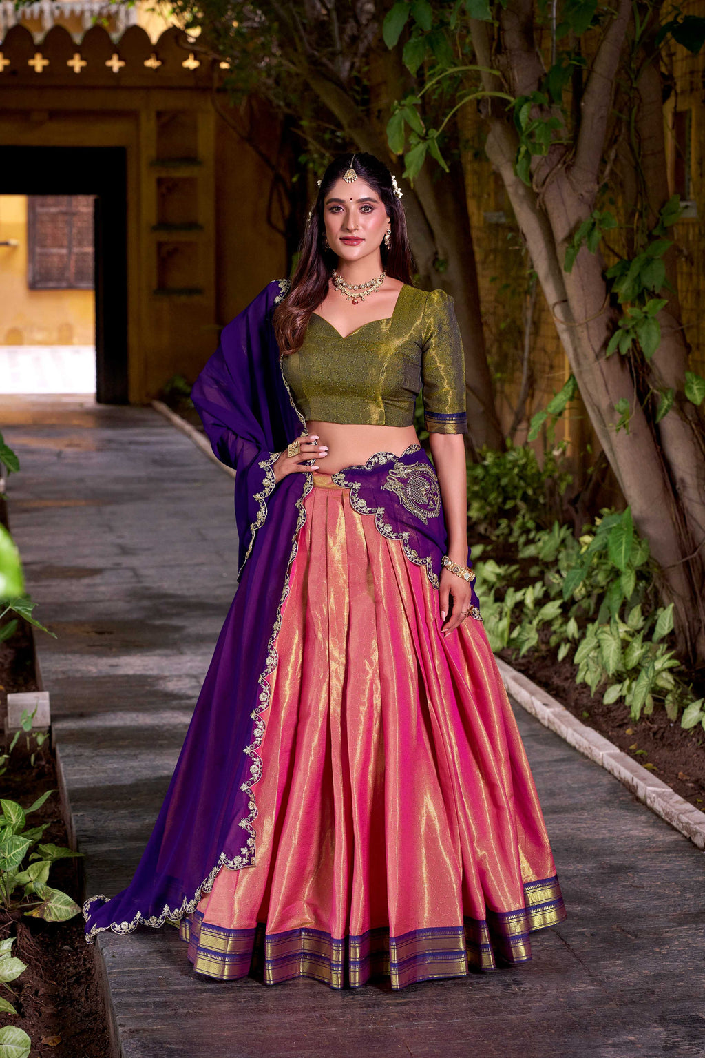 Evanik Coral South-style Kanchipuram silk lehenga With Unstitched Blouse & Dupatta | Grocsy