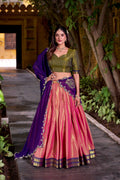 Evanik Coral South-style Kanchipuram silk lehenga With Unstitched Blouse & Dupatta | Grocsy