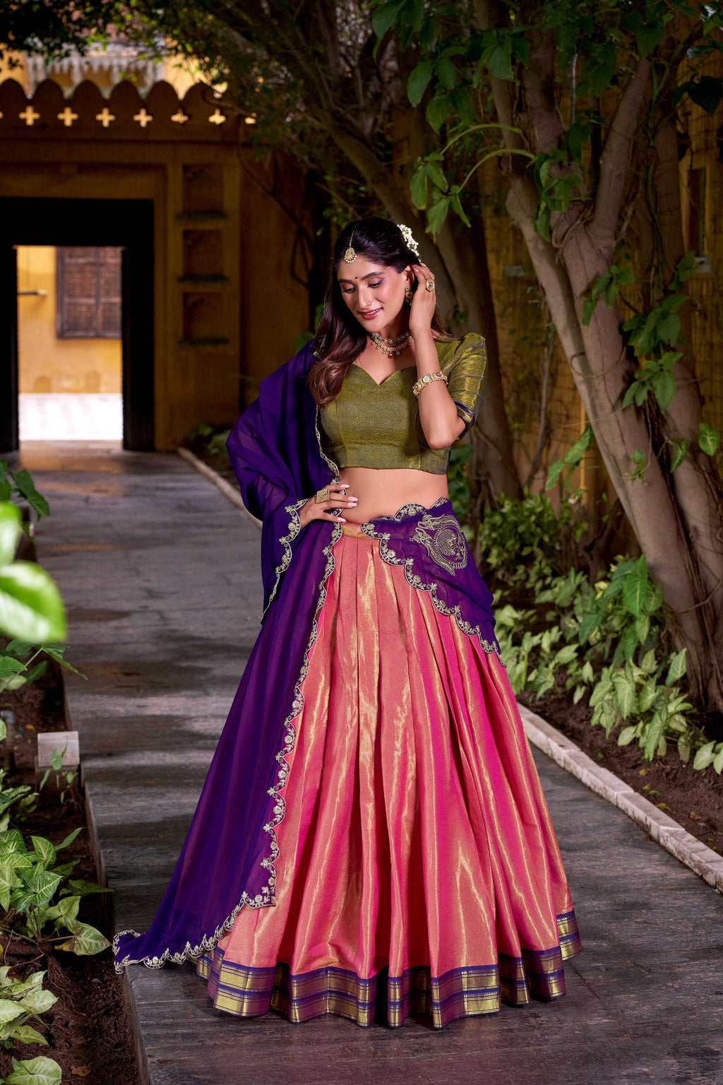 Evanik Coral South-style Kanchipuram silk lehenga With Unstitched Blouse & Dupatta | Grocsy