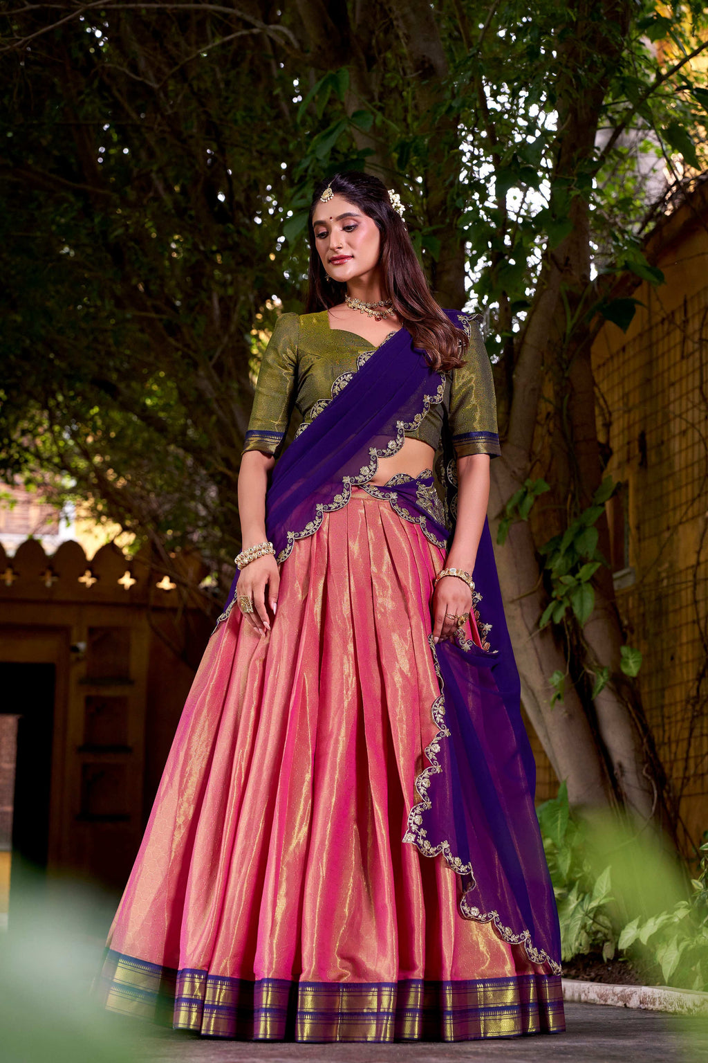 Evanik Coral South-style Kanchipuram silk lehenga With Unstitched Blouse & Dupatta | Grocsy