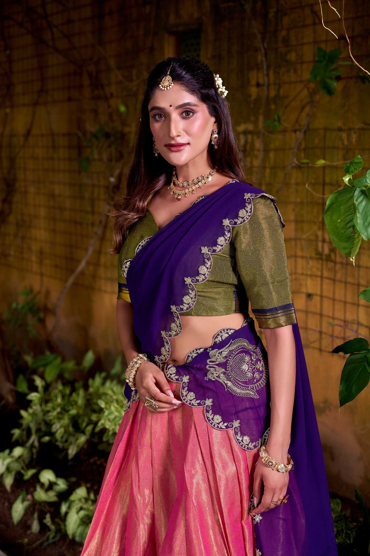 Evanik Coral South-style Kanchipuram silk lehenga With Unstitched Blouse & Dupatta | Grocsy