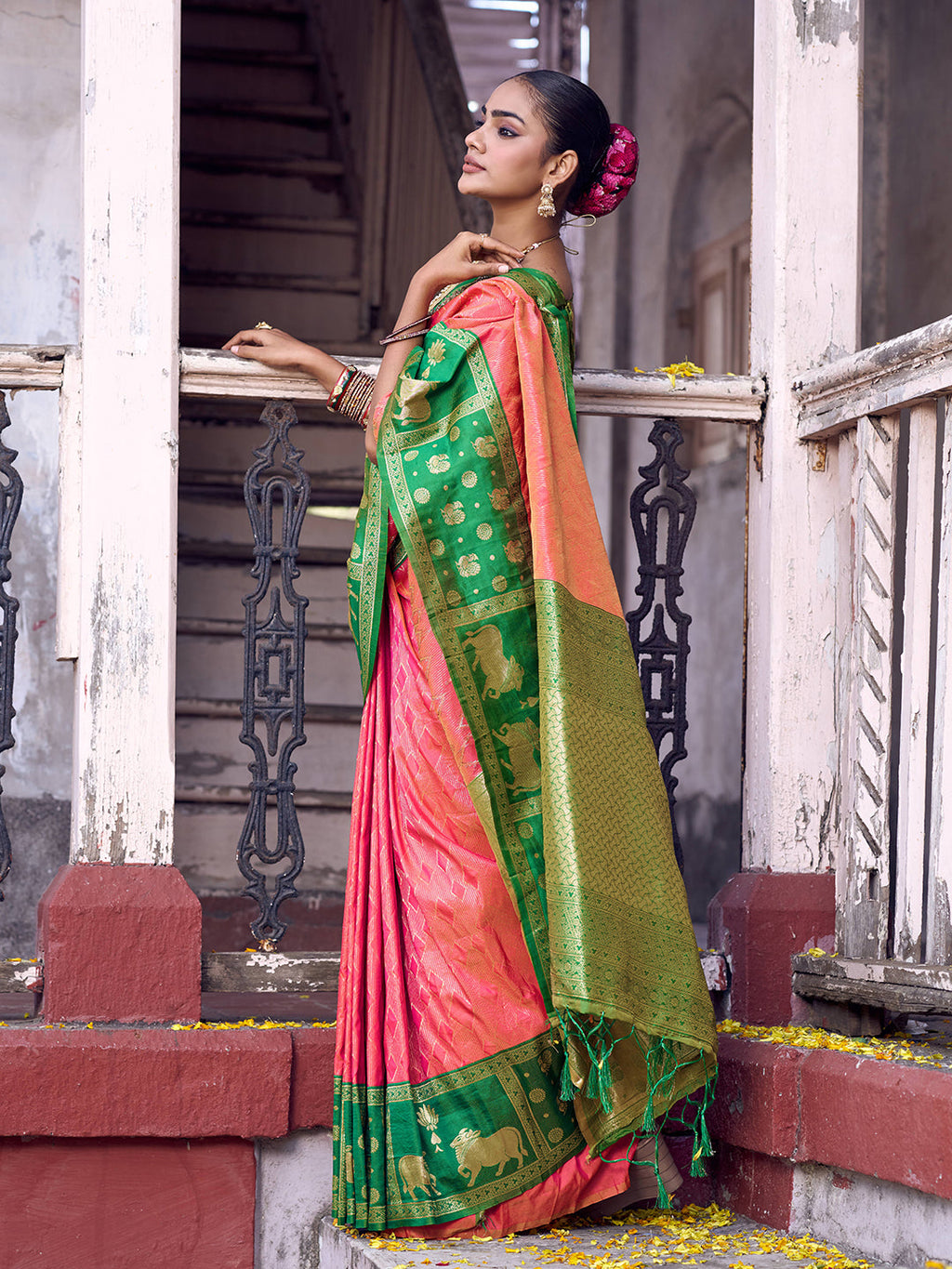 Anaita Coral Soft Silk Woven Saree With Blouse | Grocsy