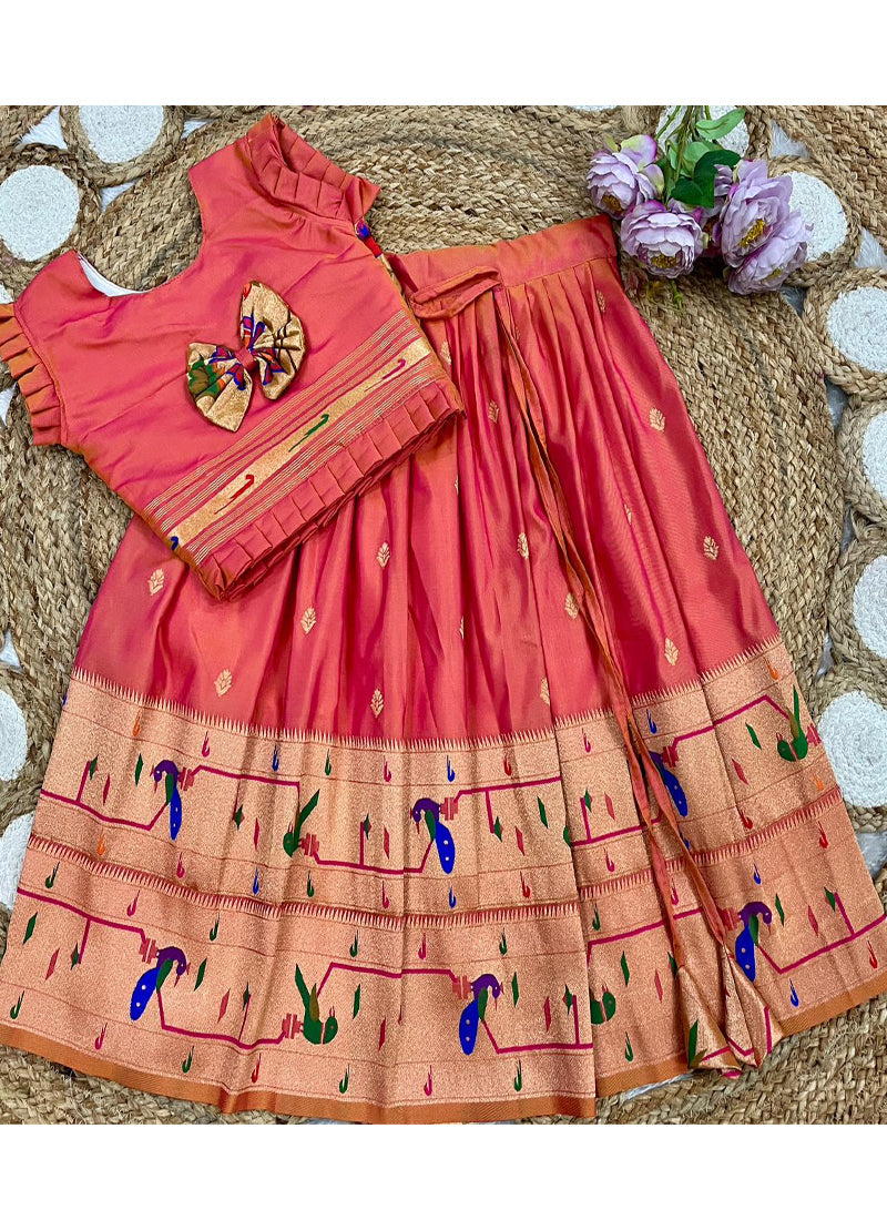 Evanik Designer Coral Pink Soft Silk Paithani Design Lehenga Choli For Girls-Party & Ethnic Wear | Grocsy