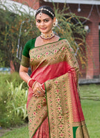 Anaita Coral Banarasi Saree With Blouse Piece | Grocsy