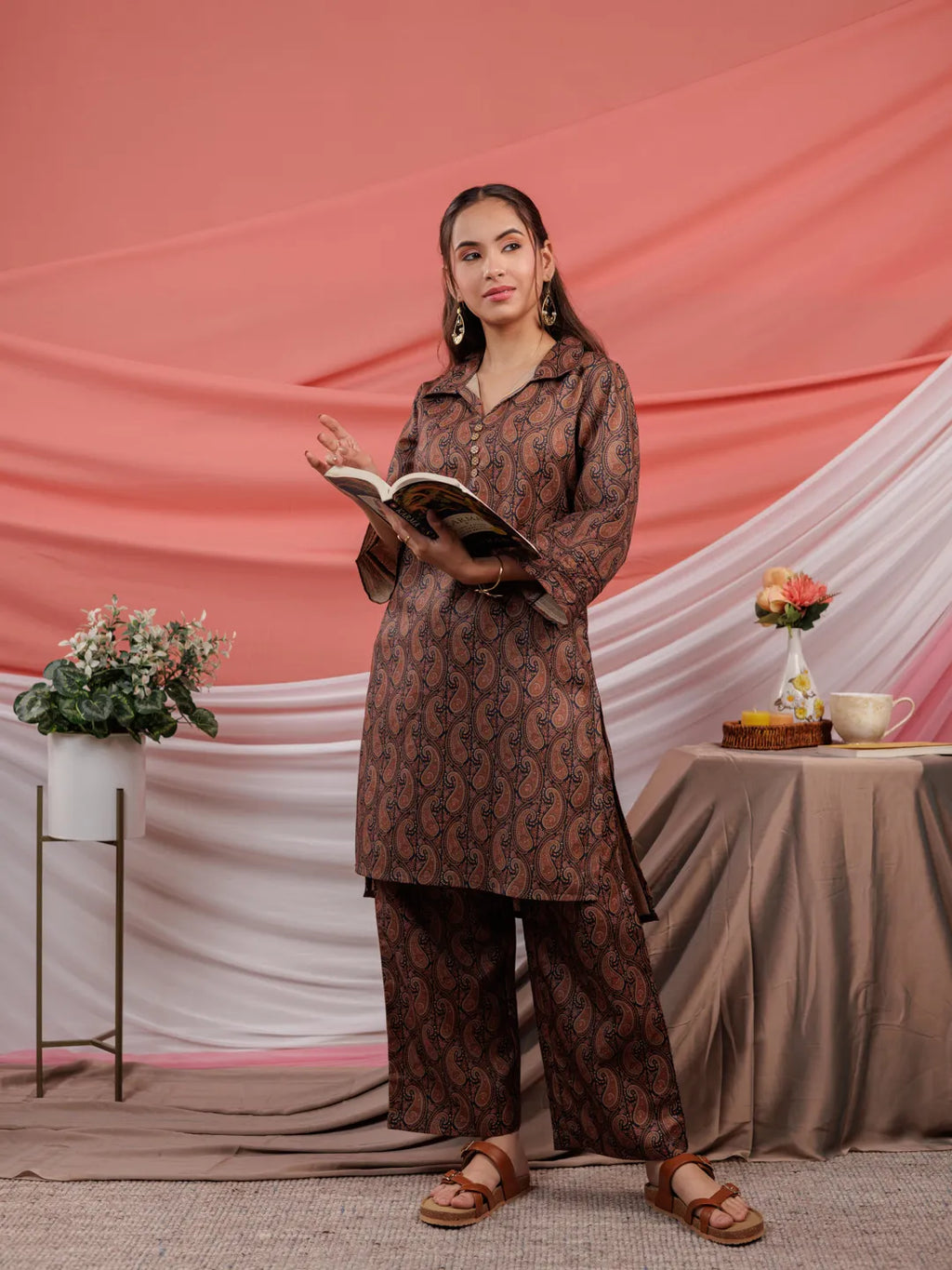 Yufta Cotton Black Digital Printed Workwear Co-Ord Set With Pintuck Detailing On Sleeves | Grocsy