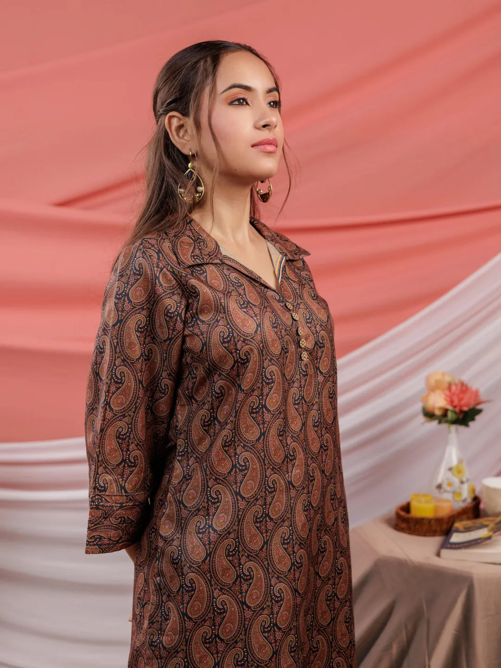 Yufta Cotton Black Digital Printed Workwear Co-Ord Set With Pintuck Detailing On Sleeves | Grocsy