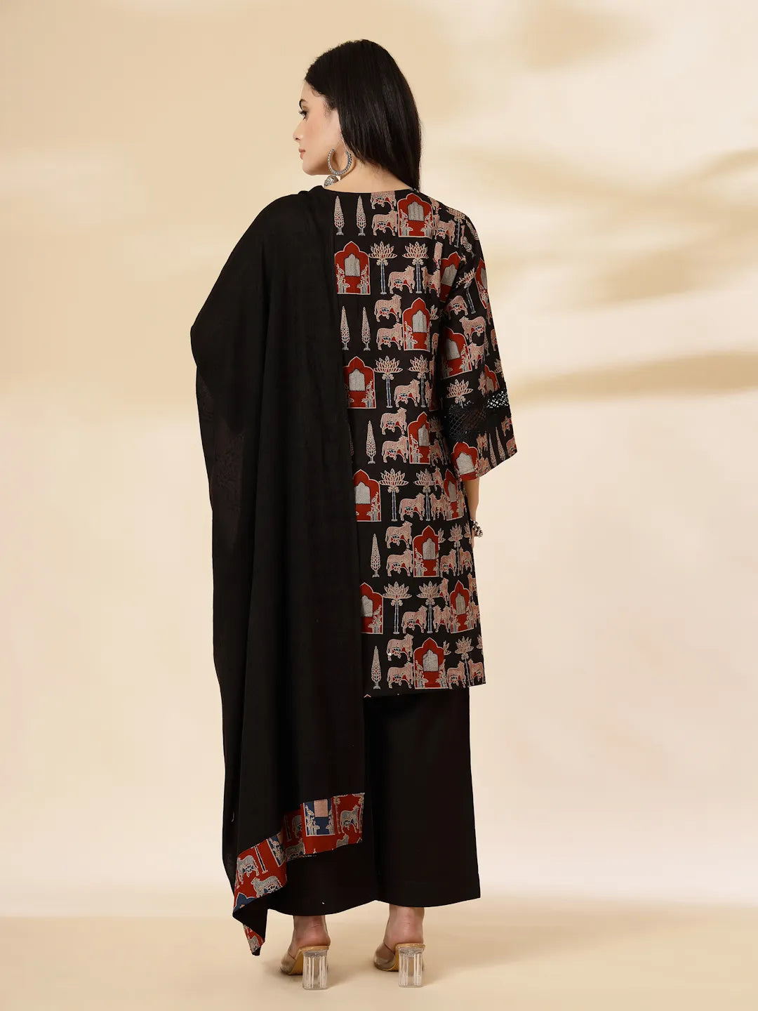 Yufta Cotton Black Pakistani Kurta Dupatta Set | Grocsy