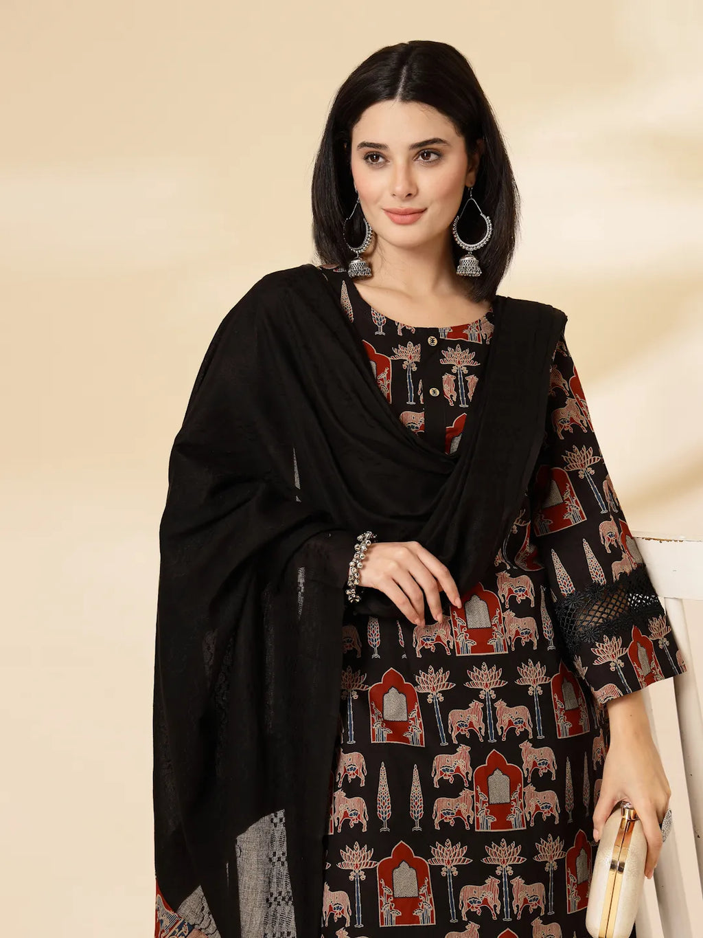 Yufta Cotton Black Pakistani Kurta Dupatta Set | Grocsy
