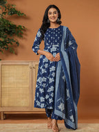 Yufta Cotton Blue Anarkali Dupatta Set | Grocsy