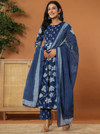 Yufta Cotton Blue Anarkali Dupatta Set | Grocsy