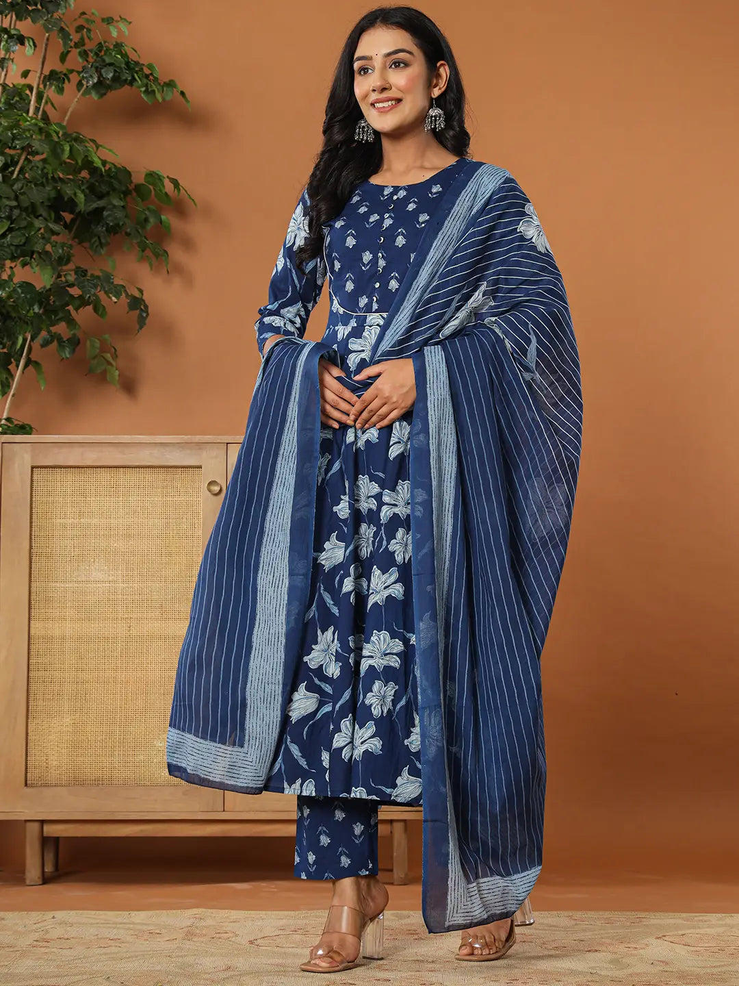 Yufta Cotton Blue Anarkali Dupatta Set | Grocsy