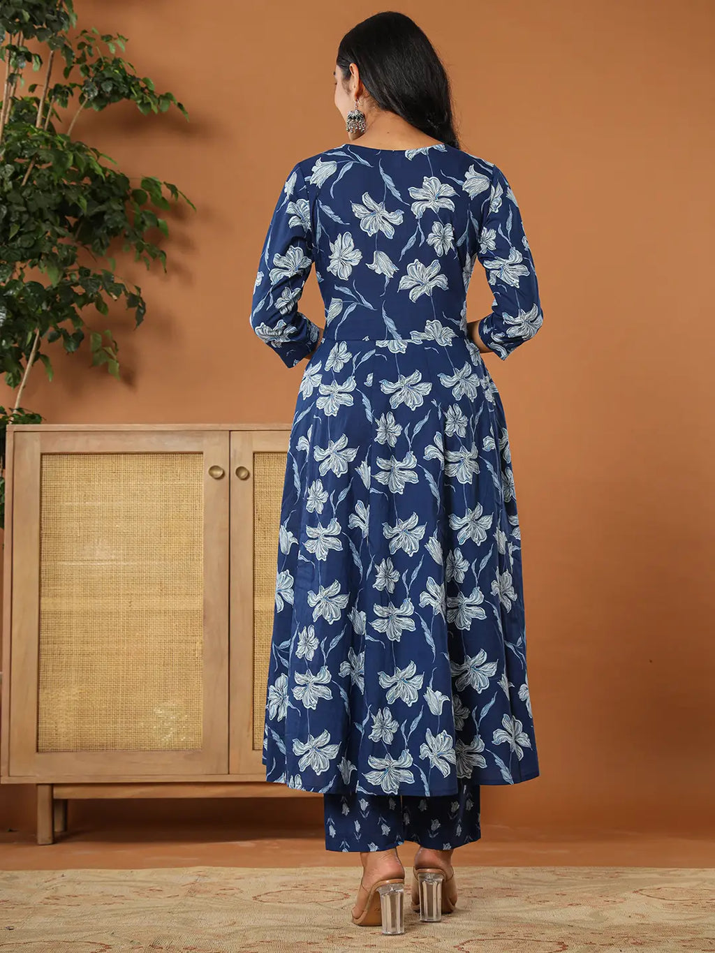 Yufta Cotton Blue Anarkali Dupatta Set | Grocsy