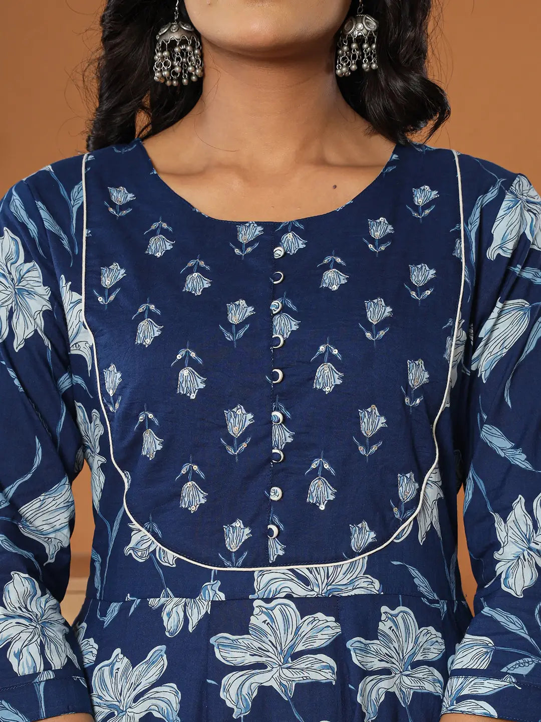 Yufta Cotton Blue Anarkali Dupatta Set | Grocsy