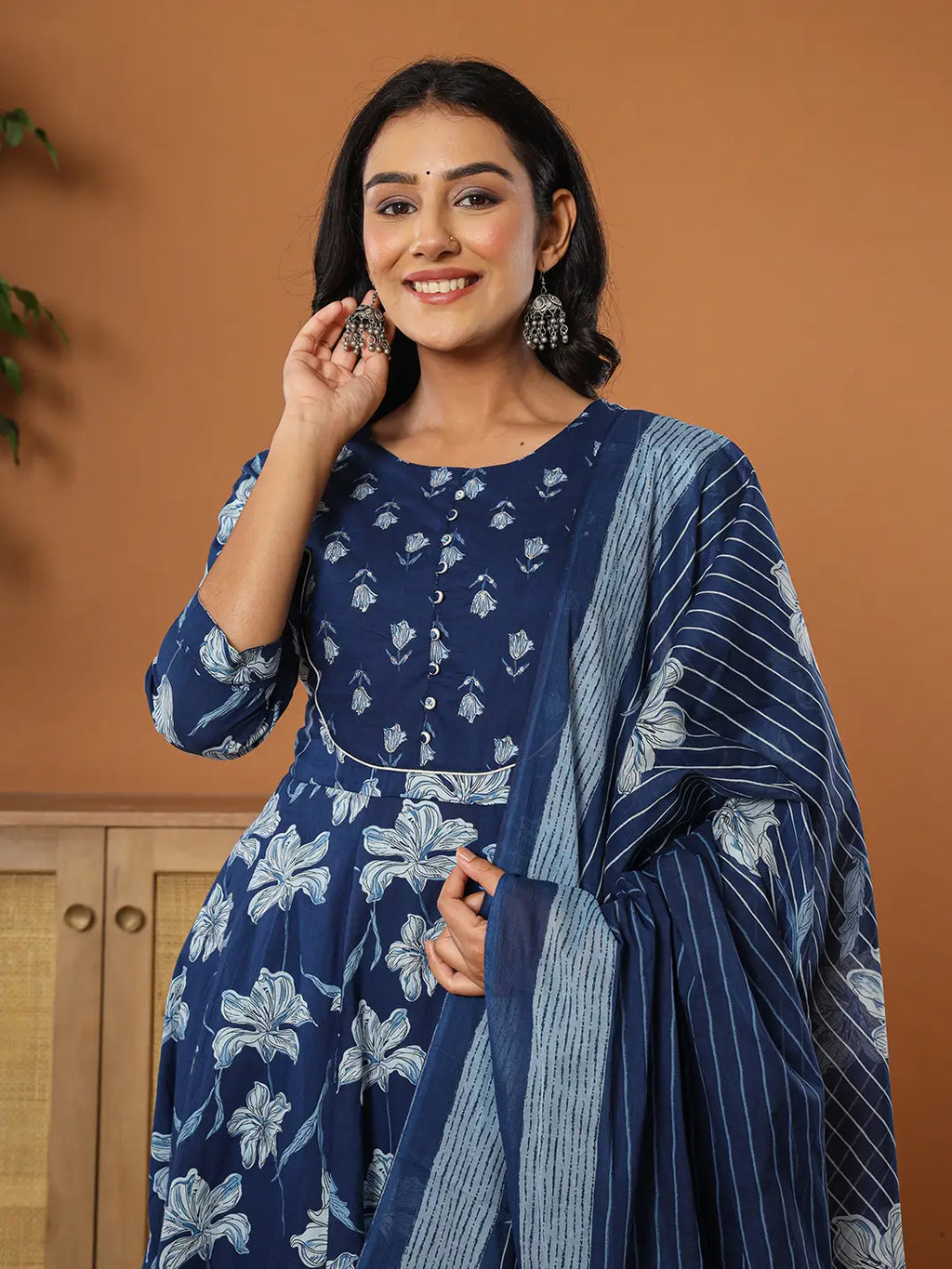 Yufta Cotton Blue Anarkali Dupatta Set | Grocsy